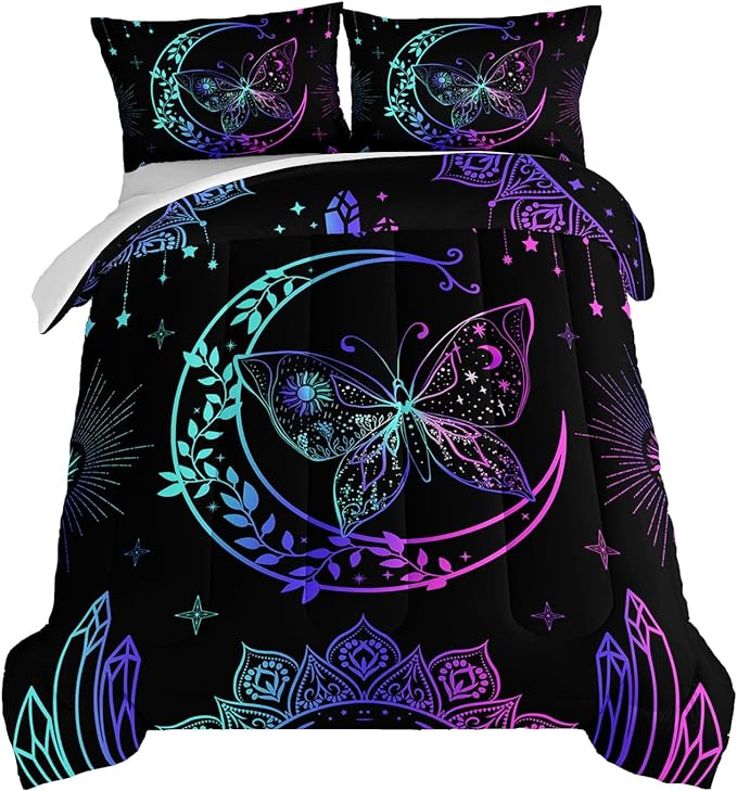HOSIMA Butterfly Comforter Set 3Piece with 2 Pillowcases,Black Comforter Butterfly Aesthetics Room Decor,Boho Mandala Comforter Butterfly Bedding Set for Girls,Bohemian King Size Comforter Set. - LeafyLoom