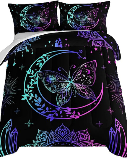 HOSIMA Butterfly Comforter Set 3Piece with 2 Pillowcases,Black Comforter Butterfly Aesthetics Room Decor,Boho Mandala Comforter Butterfly Bedding Set for Girls,Bohemian Queen Comforter Set. - LeafyLoom