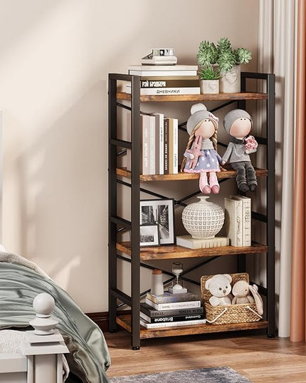 Bookshelf, 4 Tier Small Bookcase, Organizers and Storage, Metal Small Bookcase, Rustic Book Shelf Organization and Storage for Living Room, Bedroom, and Home Office(Rustic Brown) - LeafyLoom