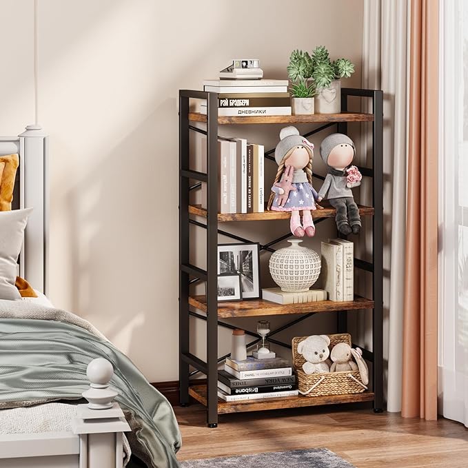 Bookshelf, 4 Tier Small Bookcase, Organizers and Storage, Metal Small Bookcase, Rustic Book Shelf Organization and Storage for Living Room, Bedroom, and Home Office(Rustic Brown) - LeafyLoom