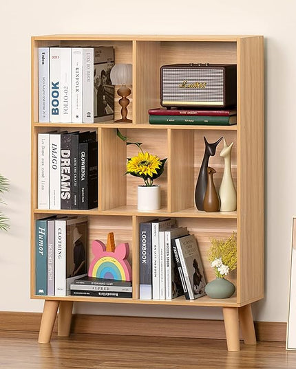 LEYAOYAO Wooden 7 Cube Book Shelf, Natural 3 Tier Bookshelf with Legs, Modern Open Storage Organizer,Boho Bookcase,Display Cabinet Shelf Free Standing Bookshelves for Bedroom,Living Room,Office - LeafyLoom