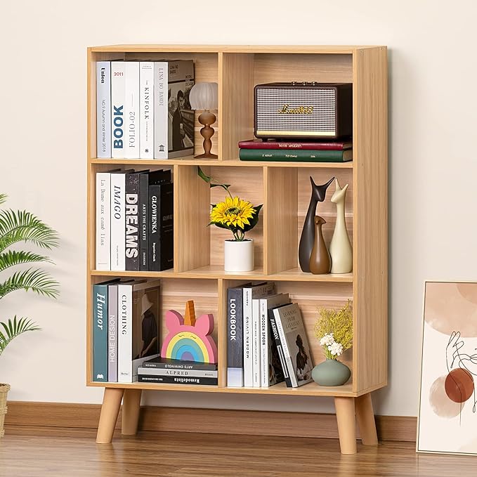 LEYAOYAO Wooden 7 Cube Book Shelf, Natural 3 Tier Bookshelf with Legs, Modern Open Storage Organizer,Boho Bookcase,Display Cabinet Shelf Free Standing Bookshelves for Bedroom,Living Room,Office - LeafyLoom