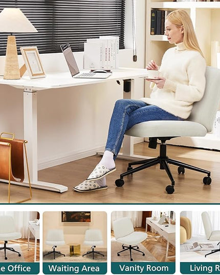 OLIXIS Cross Legged Armless Wide Adjustable Swivel Padded Home Office Desk Chair, Beige with Wheels - LeafyLoom