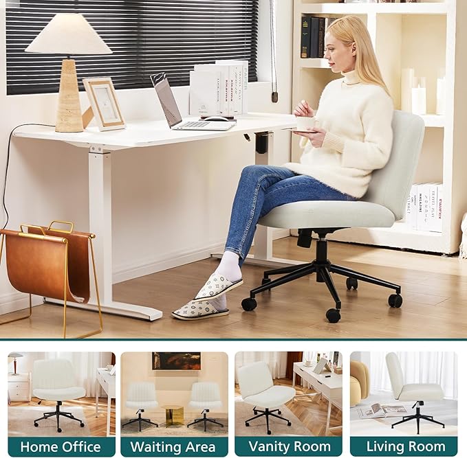 OLIXIS Cross Legged Armless Wide Adjustable Swivel Padded Home Office Desk Chair, Beige with Wheels - LeafyLoom