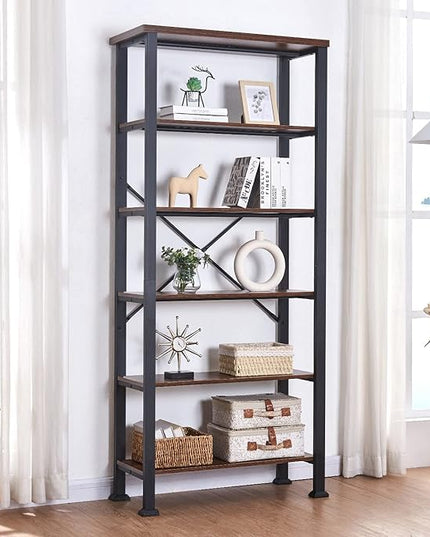 HOMBAZAAR Bookshelf, 6-Tier Vintage Industrial Book Shelf, Rustic Wood and Metal Bookcase and Bookshelves, Free Standing Storage Large Bookshelf for Living Room, Bedroom and Kitchen, Brown - LeafyLoom