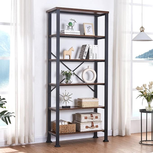 HOMBAZAAR Bookshelf, 6-Tier Vintage Industrial Book Shelf, Rustic Wood and Metal Bookcase and Bookshelves, Free Standing Storage Large Bookshelf for Living Room, Bedroom and Kitchen, Brown - LeafyLoom