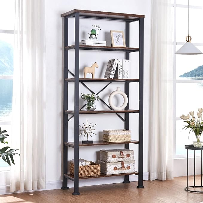 HOMBAZAAR Bookshelf, 6-Tier Vintage Industrial Book Shelf, Rustic Wood and Metal Bookcase and Bookshelves, Free Standing Storage Large Bookshelf for Living Room, Bedroom and Kitchen, Brown - LeafyLoom