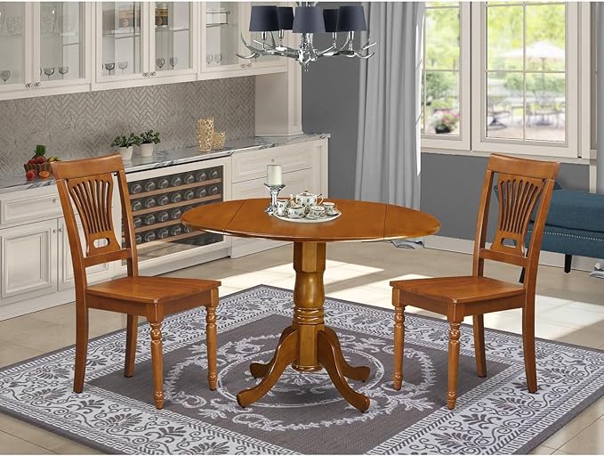 East West Furniture DLPL3-SBR-W Dublin 3 Piece Set for Small Spaces Contains a Round Dining Room Table with Dropleaf and 2 Wood Seat Chairs, 42x42 Inch - LeafyLoom