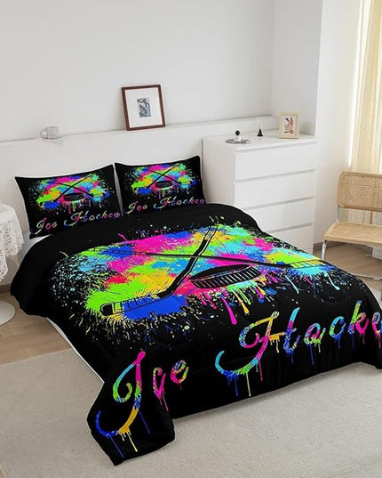 Feelyou Kids Ice Hockey Comforter Set King Size Gaming Sports Bedding Set for Boys Girls Teens Bedroom Decor Ice Sports Games Tie Dye Comforter Hockey Player Duvet Set with 2 Pillow Case - LeafyLoom