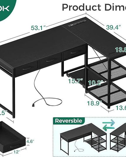 AODK 53 Inch L Shaped Computer Desk with Drawers, Corner Desk with Power Outlets & Reversible Storage Shelves, Movable CPU Stand for Home Office Gaming, Black - LeafyLoom