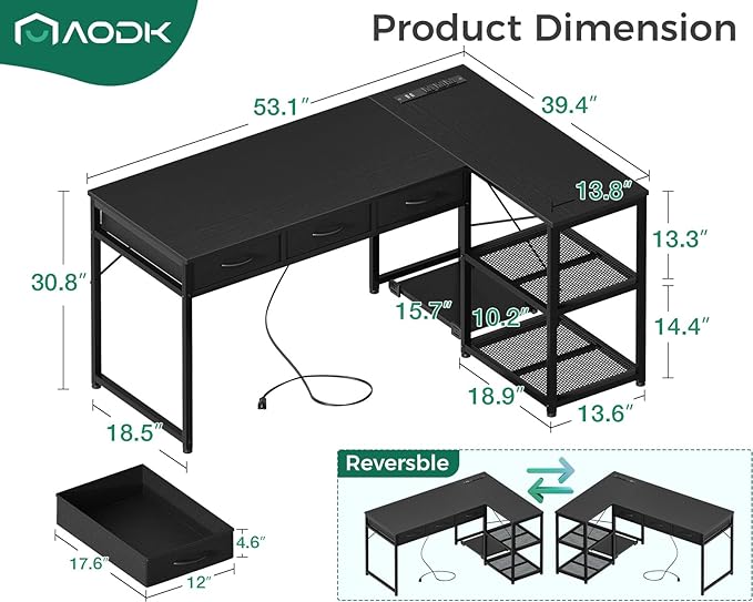 AODK 53 Inch L Shaped Computer Desk with Drawers, Corner Desk with Power Outlets & Reversible Storage Shelves, Movable CPU Stand for Home Office Gaming, Black - LeafyLoom