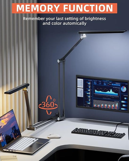 LED Desk Lamp,Dimmable 10 Color Modes 2700K-7000K & 10 Brightness,Swing Arm Table Light with Clamp,Eye-Caring Clip-on Lamps with Memory Function for Reading Work Study 700LM-Black… - LeafyLoom