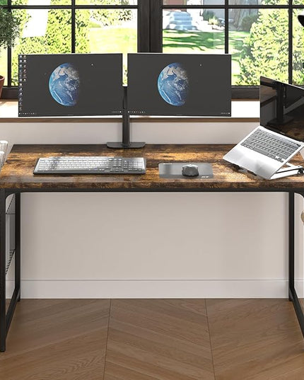 yoyomax Computer Desk, 55 Inch Home Office Desk, Wood Simple Style Student Writing Desk, Study PC Table with Storage Basket and Headphone Hooks, Rustic Brown - LeafyLoom