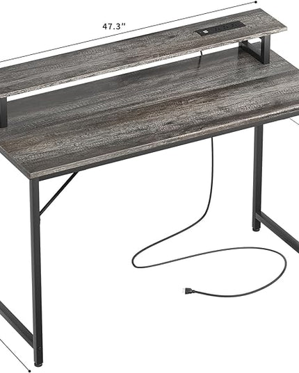 47 inch Computer Desk with Power Outlets, Gaming desk with LED Lights, Home Office Work Desk with Monitor Shelf, Modern Office Desk Study Writing Table for Small Spaces, Black Oak - LeafyLoom