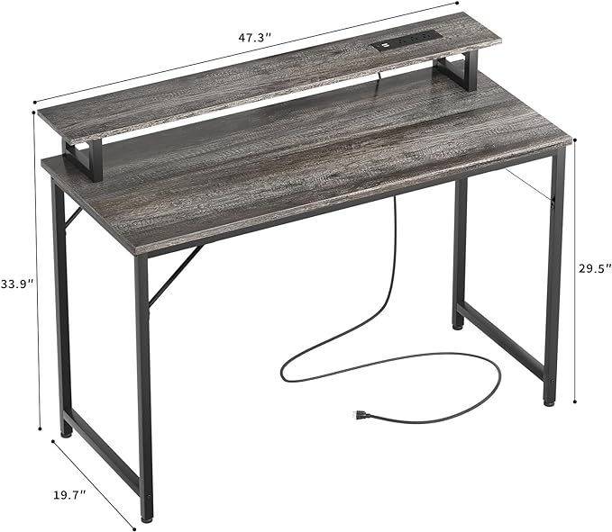 47 inch Computer Desk with Power Outlets, Gaming desk with LED Lights, Home Office Work Desk with Monitor Shelf, Modern Office Desk Study Writing Table for Small Spaces, Black Oak - LeafyLoom