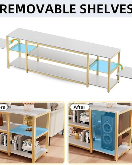 Aquzee 75in Long TV Stand for 32-85 Inch TVs, Under TV Console Table with 3-Tier Shelves, Industrial White TV Cabinet and Entertainment Center for Living Room, Bedroom, Gaming Room - LeafyLoom