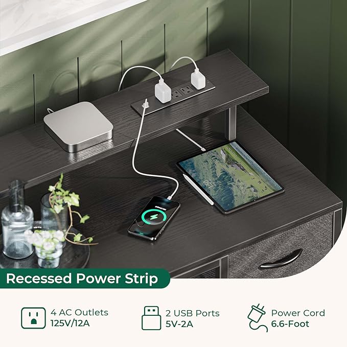 47 inch Computer Desk with 4 Drawers, Gaming Desk with LED Lights & Power Outlets, Home Office Desk with Large Storage Space for Bedroom, Work from Home, Black - LeafyLoom