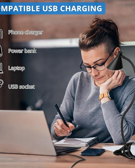 Semlos LED Reading Light, Clamp Lamp 3 Color Modes 5 Brightness, Clip Ligh for Desk Bedside Table, 5W USB Powered, Flexible Arm(Black) - LeafyLoom