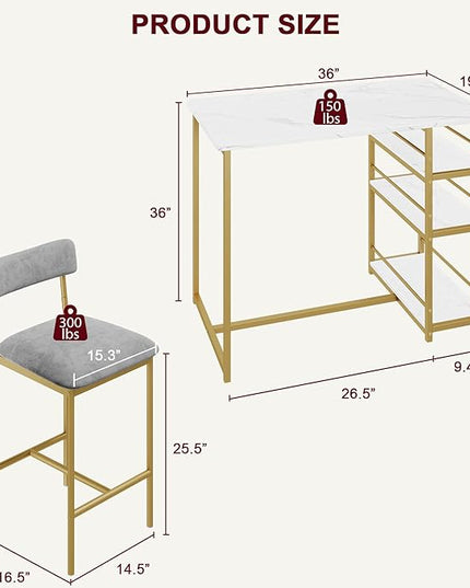 GAOMON Dining Table Set for 2, Kitchen Table and Upholstered Chairs for 2, 3 Piece Counter Height Bar Kitchen Table Set with 3 Storage Shelves for Small Space, Apartment, Velvet Gray and Gold White - LeafyLoom