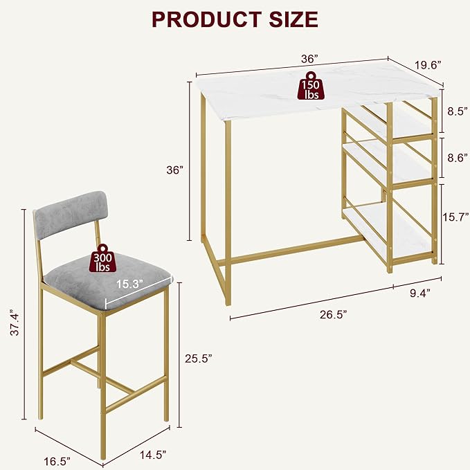 GAOMON Dining Table Set for 2, Kitchen Table and Upholstered Chairs for 2, 3 Piece Counter Height Bar Kitchen Table Set with 3 Storage Shelves for Small Space, Apartment, Velvet Gray and Gold White - LeafyLoom