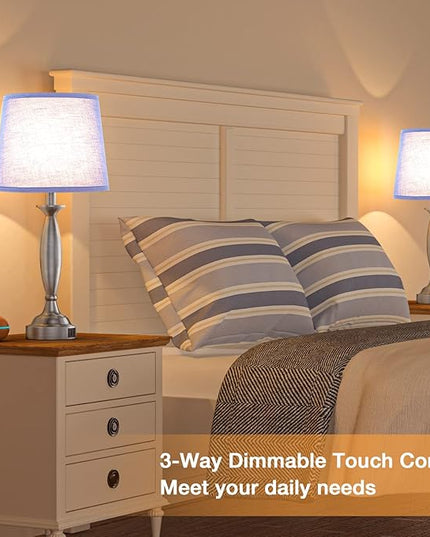 Blue Lamps for Bedrooms Set of 2 - Touch Control Bedside Lamp with USB C+A, 3 Way Dimmable Nightstand Lamps with USB Port, Table Lamp for Living Room(Blue Shade and Nickel Base) - LeafyLoom