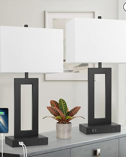Set of 2 Modern Touch Control Table Lamps with 2 USB Ports, 22’’ Large Bedside Nightstand Lamps 3-Way Dimmable Desk Lamp With White Fabric Shade For Bedrooms Living Room Reading, 2 LED Bulbs Included - LeafyLoom