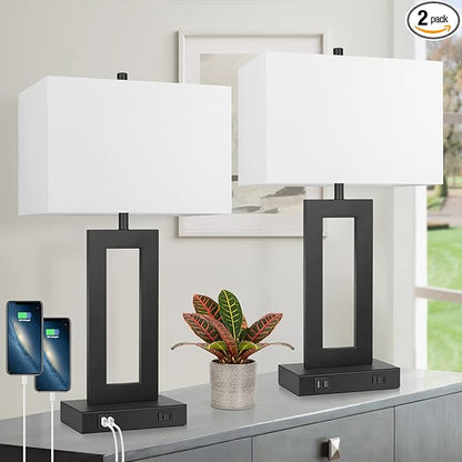Set of 2 Modern Touch Control Table Lamps with 2 USB Ports, 22’’ Large Bedside Nightstand Lamps 3-Way Dimmable Desk Lamp With White Fabric Shade For Bedrooms Living Room Reading, 2 LED Bulbs Included - LeafyLoom