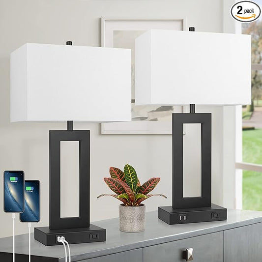 Set of 2 Modern Touch Control Table Lamps with 2 USB Ports, 22’’ Large Bedside Nightstand Lamps 3-Way Dimmable Desk Lamp With White Fabric Shade For Bedrooms Living Room Reading, 2 LED Bulbs Included - LeafyLoom