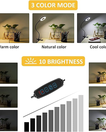 Desk Lamp Clip on Light, Desk Light 48 LED Lamp with 3 Lighting Modes, Dimmable 10 Brightness Levels, 360° Adjustable Gooseneck, Eye-Caring Small Lamp for Bed Headboard Reading（Included Adapter ） - LeafyLoom