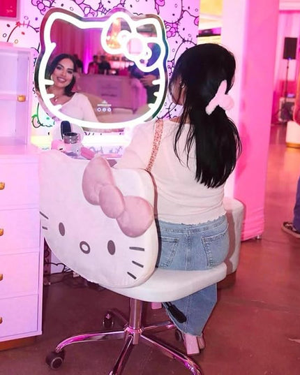 Impressions Vanity Hello Kitty Kawaii Swivel Vanity Chair for Makeup Room, Adjustable Height Cute Desk Chair with Wheels Rolling, Comfy Polyurethane Foam Back Armless Chair for Dorm (White) - LeafyLoom