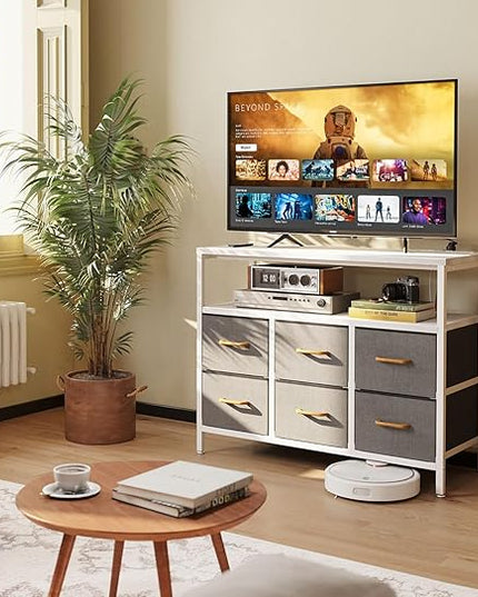 AODK TV Stand with Power Outlet, 40" Long TV Stand with 6 Large Fabric Drawers, Entertainment Center with Open Shelves for 55 Inch TV, Living Room, White and Light Grey - LeafyLoom