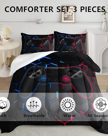 Axolotl Gamer Comforter Sets Twin,Geometric Honeycomb Gaming Bedding Sets,Video Games Comforter,Gaming Bedding Set,Game Console Comforter Set for Kids Boys Girls Teens,1 Quilt 2 Pillowcases,Blue Red - LeafyLoom
