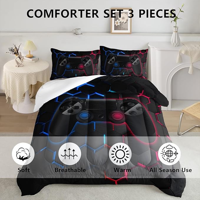 Axolotl Gamer Comforter Sets Twin,Geometric Honeycomb Gaming Bedding Sets,Video Games Comforter,Gaming Bedding Set,Game Console Comforter Set for Kids Boys Girls Teens,1 Quilt 2 Pillowcases,Blue Red - LeafyLoom
