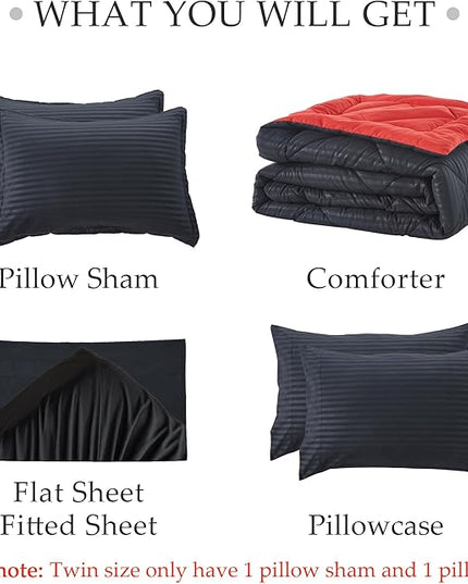 NexHome Black/Red King Bed in a Bag 7-Pieces Comforter Sets with Comforter and Sheets Soft All Season Bedding Sets with Comforter, Pillow Shams, Flat Sheet, Fitted Sheet and Pillowcases - LeafyLoom