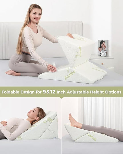 Forias Wedge Pillow for Sleeping 9 &12 Inch Adjustable Bed Wedge Pillow for After Surgery Foldable Memory Foam Triangle Pillow Wedge for Acid Reflux Snoring Post Surgery Back Leg Knee Pain - Beige - LeafyLoom