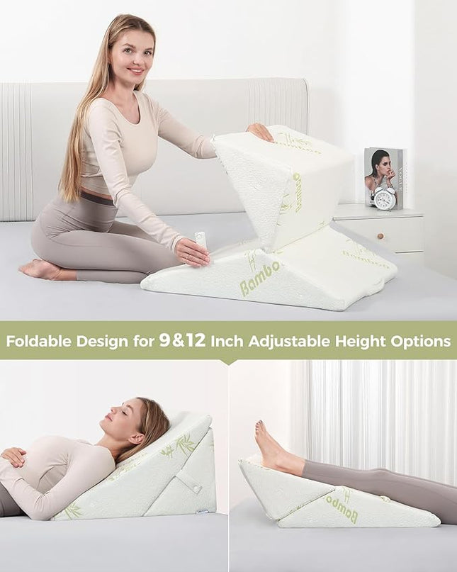 Forias Wedge Pillow for Sleeping 9 &12 Inch Adjustable Bed Wedge Pillow for After Surgery Foldable Memory Foam Triangle Pillow Wedge for Acid Reflux Snoring Post Surgery Back Leg Knee Pain - Beige - LeafyLoom