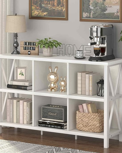 FATORRI 6 Cube Storage Organizer with Shelf, Long Wood and Metal Cubby Bookcase, Industrial Horizontal Bookshelf (White Oak, 47 Inch) - LeafyLoom