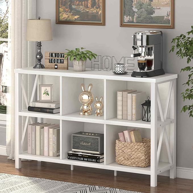 FATORRI 6 Cube Storage Organizer with Shelf, Long Wood and Metal Cubby Bookcase, Industrial Horizontal Bookshelf (White Oak, 47 Inch) - LeafyLoom