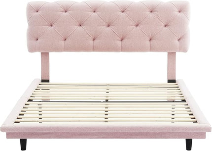 Full Size Linen Upholstered Bed with Light Stripe,Floating Platform Beds,w/Headboard and Wooden Slats Support,for Apartment,Bedroom,Living Room,Easy Assembly,Pink - LeafyLoom