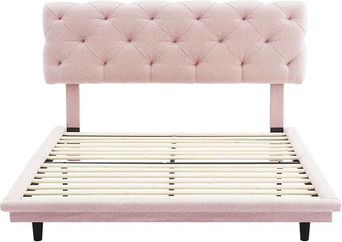 Full Size Linen Upholstered Bed with Light Stripe,Floating Platform Beds,w/Headboard and Wooden Slats Support,for Apartment,Bedroom,Living Room,Easy Assembly,Pink - LeafyLoom