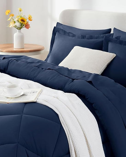 CozyLux Twin Bed in a Bag Comforter Set with Sheets 5 Pieces for Girls and Boys Navy Blue All Season Bedding Sets with Comforter, Pillow Sham, Flat Sheet, Fitted Sheet and Pillowcase - LeafyLoom