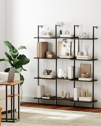 HOOBRO DIY Ladder Shelf, 6-Tier Wooden Wall Mounted Bookshelf, Narrow Bookcase, Display Shelf, Storage Rack, Plant Stand, for Living Room, Bedroom, Study, Balcony, Black BB651CJ01 - LeafyLoom