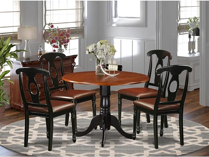 East West Furniture Dublin 5 Piece Dining Set for 4 Includes a Round Kitchen Table with Dropleaf and 4 Faux Leather Upholstered Dinette Chairs, 42x42 Inch, Black & Cherry - LeafyLoom