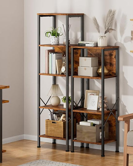 Furologee 5 Tier Bookshelf with Back, Tall Narrow Bookcase, Rustic Standing Shelf Units, Metal and Wood Display Storage Rack Organizer for Bedroom, Living Room, Home Office, Entryway - LeafyLoom