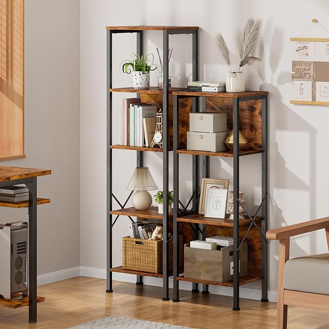 Furologee 5 Tier Bookshelf with Back, Tall Narrow Bookcase, Rustic Standing Shelf Units, Metal and Wood Display Storage Rack Organizer for Bedroom, Living Room, Home Office, Entryway - LeafyLoom