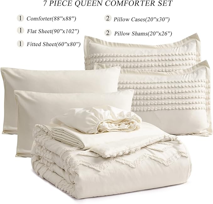 KAKIJUMN White Tufted Comforter Set Queen Size 7 Piece Bed in a Bag, Shabby Chic Boho Comforter and Sheet Set, All Season Soft Microfiber Complete Bedding Set(White,Queen) - LeafyLoom