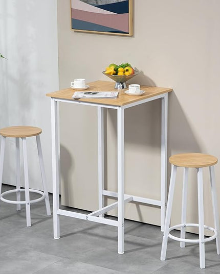 Finnhomy Bar Table Set, 23.6" Pub Table High Top Table, Square Bar Height Table, Bar Table with Stools, Kitchen Table Set for 2, Industrial Breakfast for Kitchen, Living Room, Oak Beige and White - LeafyLoom