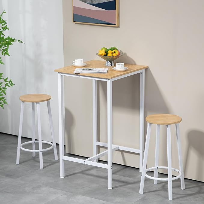 Finnhomy Bar Table Set, 23.6" Pub Table High Top Table, Square Bar Height Table, Bar Table with Stools, Kitchen Table Set for 2, Industrial Breakfast for Kitchen, Living Room, Oak Beige and White - LeafyLoom