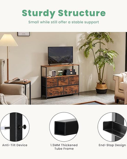 ANTONIA TV Stand Dresser for Bedroom with 5 Fabric Drawer, Entertainment Center for 45 inch Television, Media Console Table with Storage, Open Shelf, Adjustable Feet, Living Room Furniture, Brown - LeafyLoom