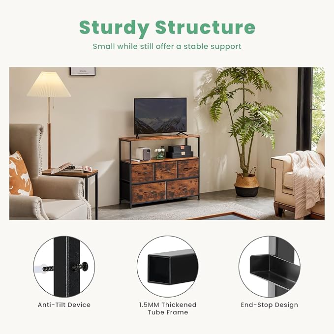 ANTONIA TV Stand Dresser for Bedroom with 5 Fabric Drawer, Entertainment Center for 45 inch Television, Media Console Table with Storage, Open Shelf, Adjustable Feet, Living Room Furniture, Brown - LeafyLoom